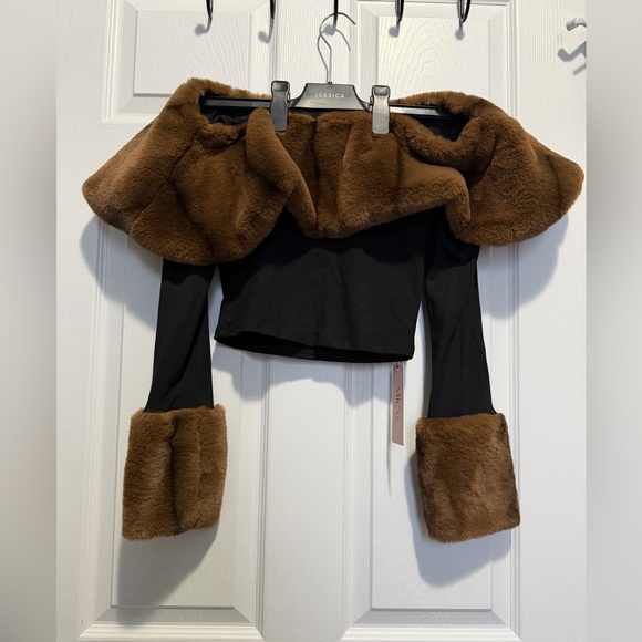 Micas Tops - Black and Brown Faux Fur Long Sleeve Top